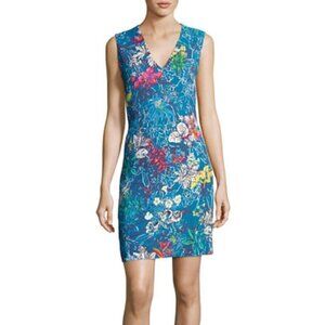 Peter Pilotto Sleeveless V-Neck Blue Botanical-Print Mini Sheath Dress Size US 4